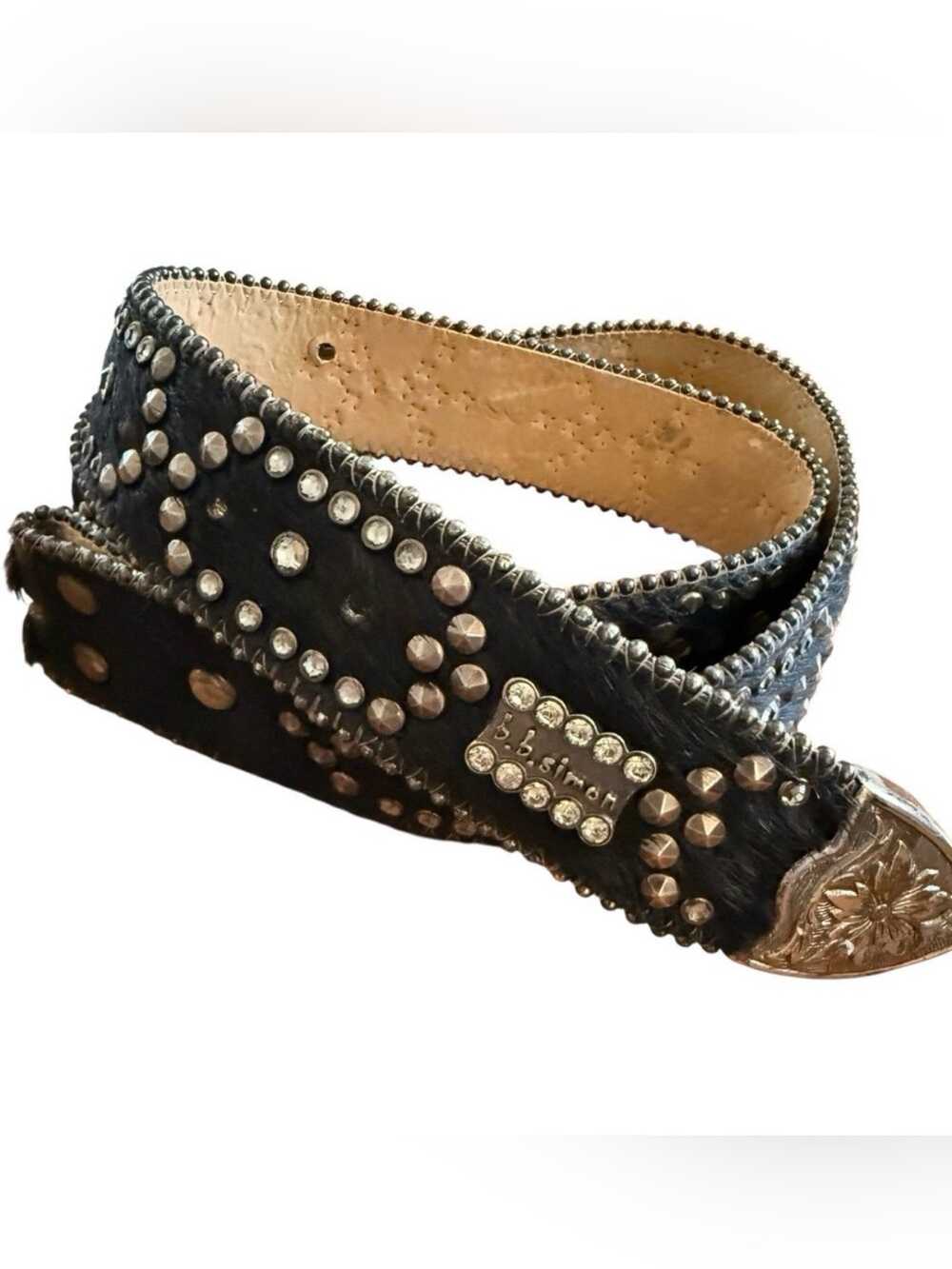 BB Simon Crystal Beaded Studded Western Black Leather Belt Sz L 32-38” Pony Hair